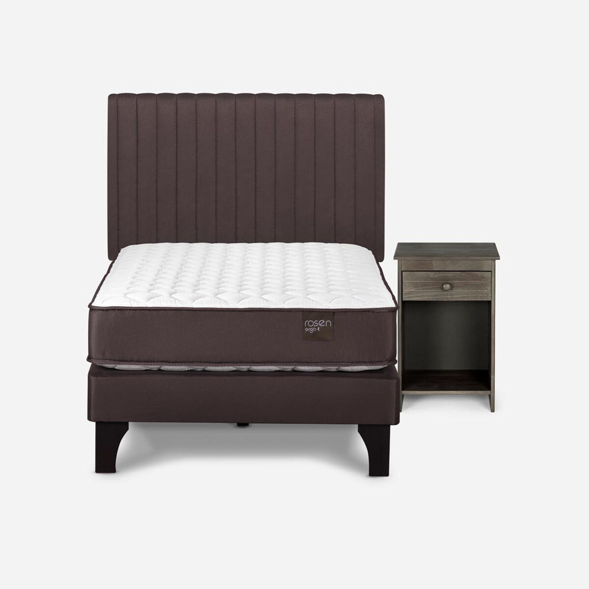 Cama Europea Rosen 1 Plaza Ergo T + Respaldo + Velador Caf&eacute;