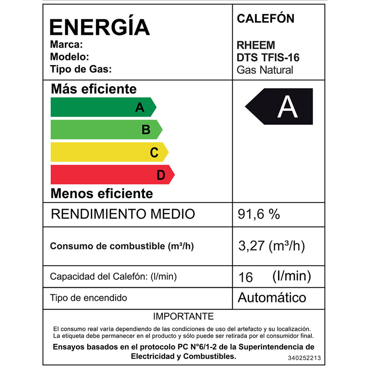 Calefont Digital Rheem Prestige 16 lts. Gas Natural