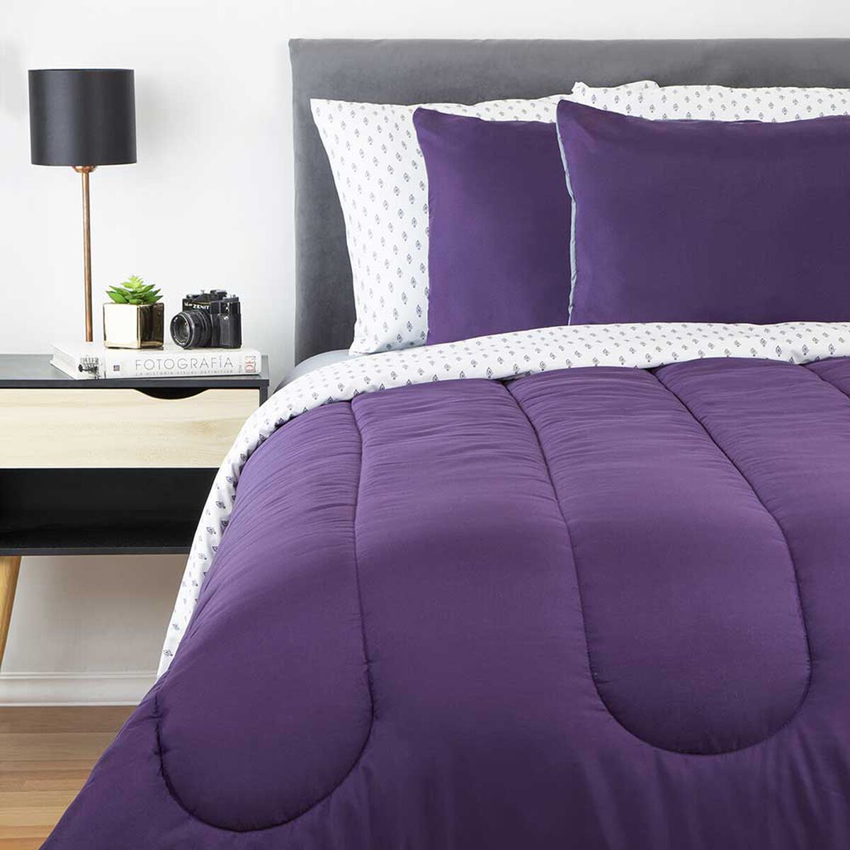 Set Plum&oacute;n Bicolor + Juego de S&aacute;banas Zibel 2 Plazas Mora Gris