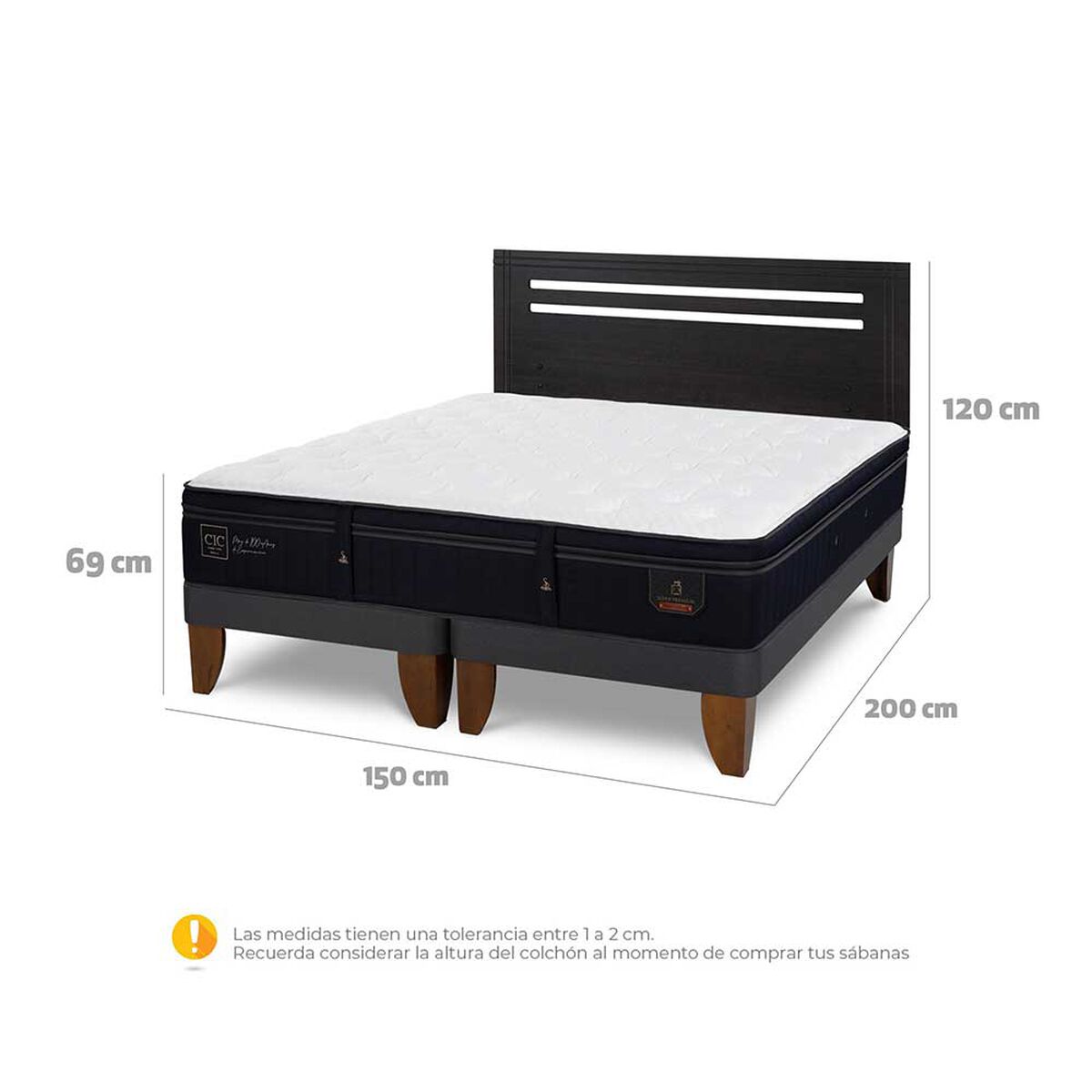 Cama Europea CIC Base Dividida 2 Plazas Premium + Respaldo Munich Negro