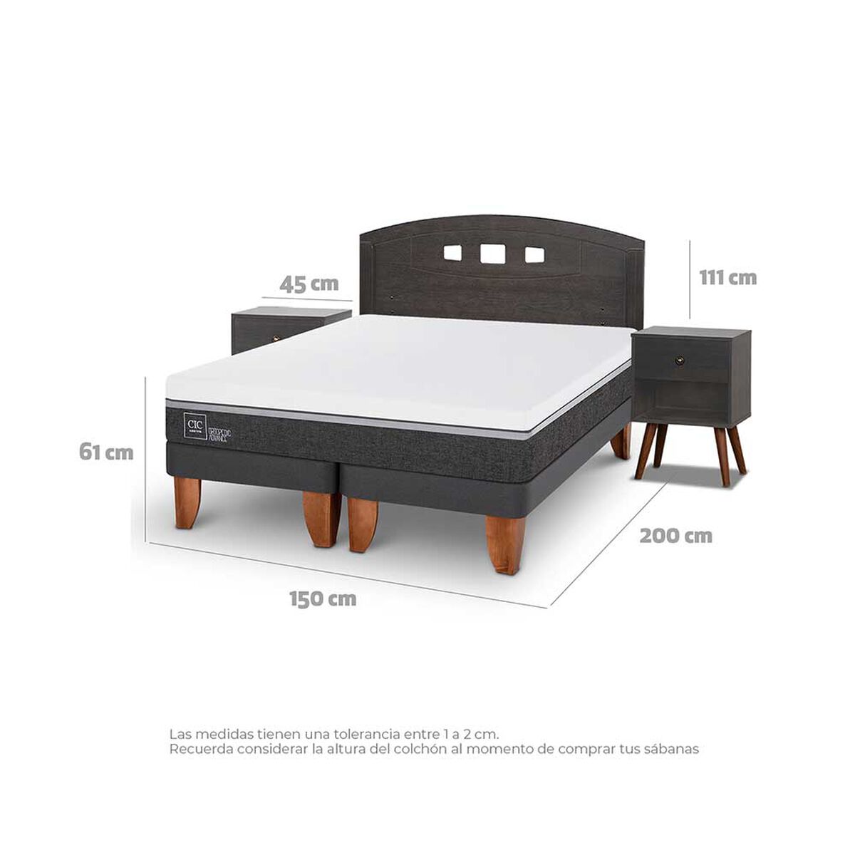Cama Europea CIC Base Dividida 2 Plazas Ortopedic Advance + Respaldo + 2 Veladores Gales
