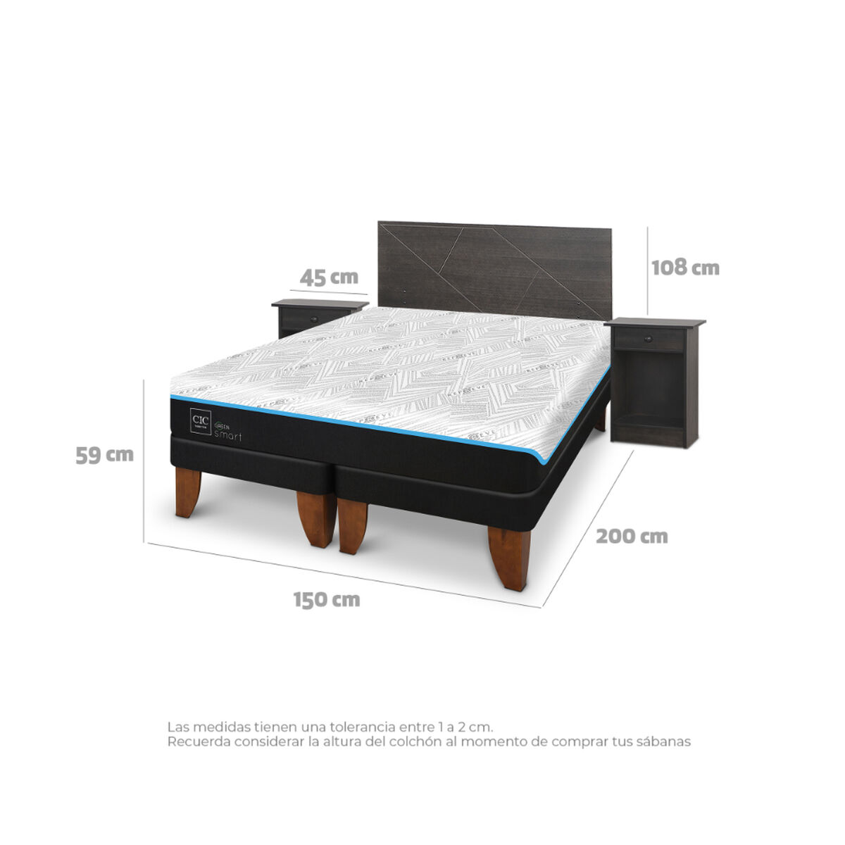 Cama Europea CIC Green Infinity 2 Plazas + 1 Respaldo + 2 Veladores Villarrica Gris