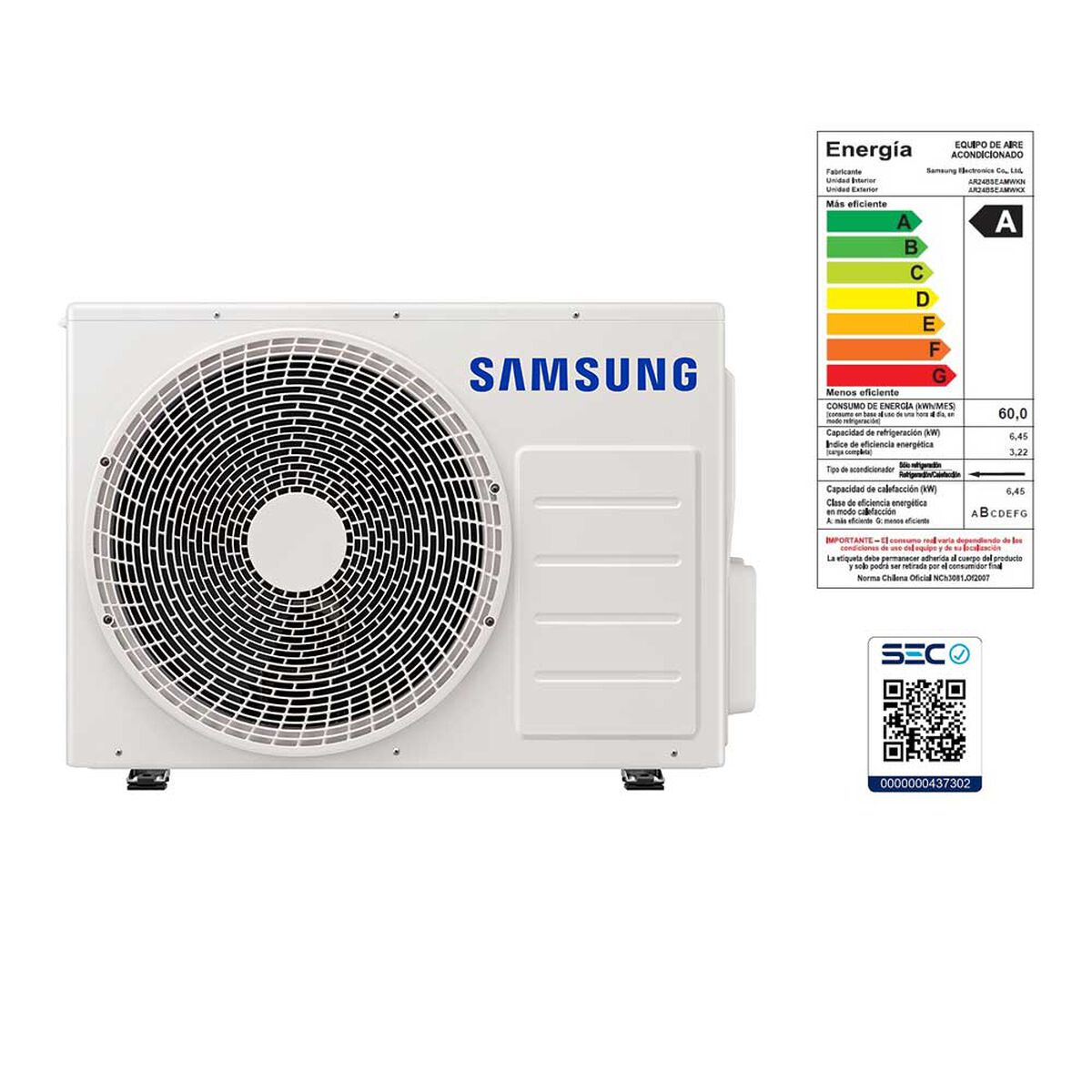 Aire Acondicionado Samsung AR24BSEAMWK/ZS Wind-Free Inverter 24000 BTU Frío-Calor WiFi