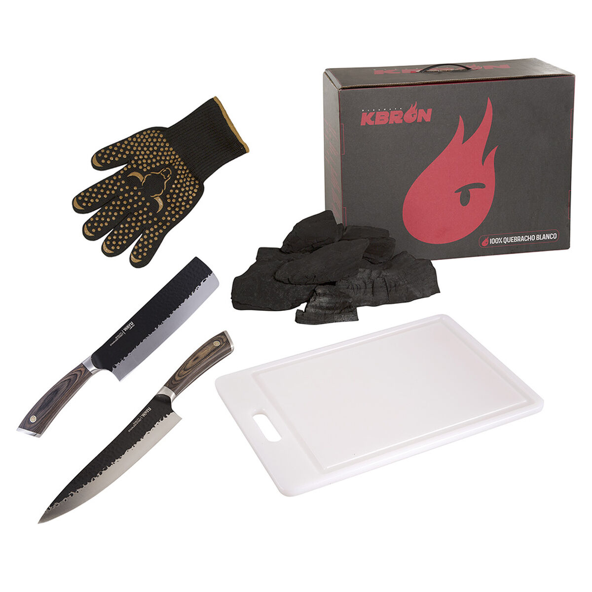 Set Parrillero Wayu 3Kg Carbón Vegetal + Guante Chico + Tabla + Hacha + Cuchillo
