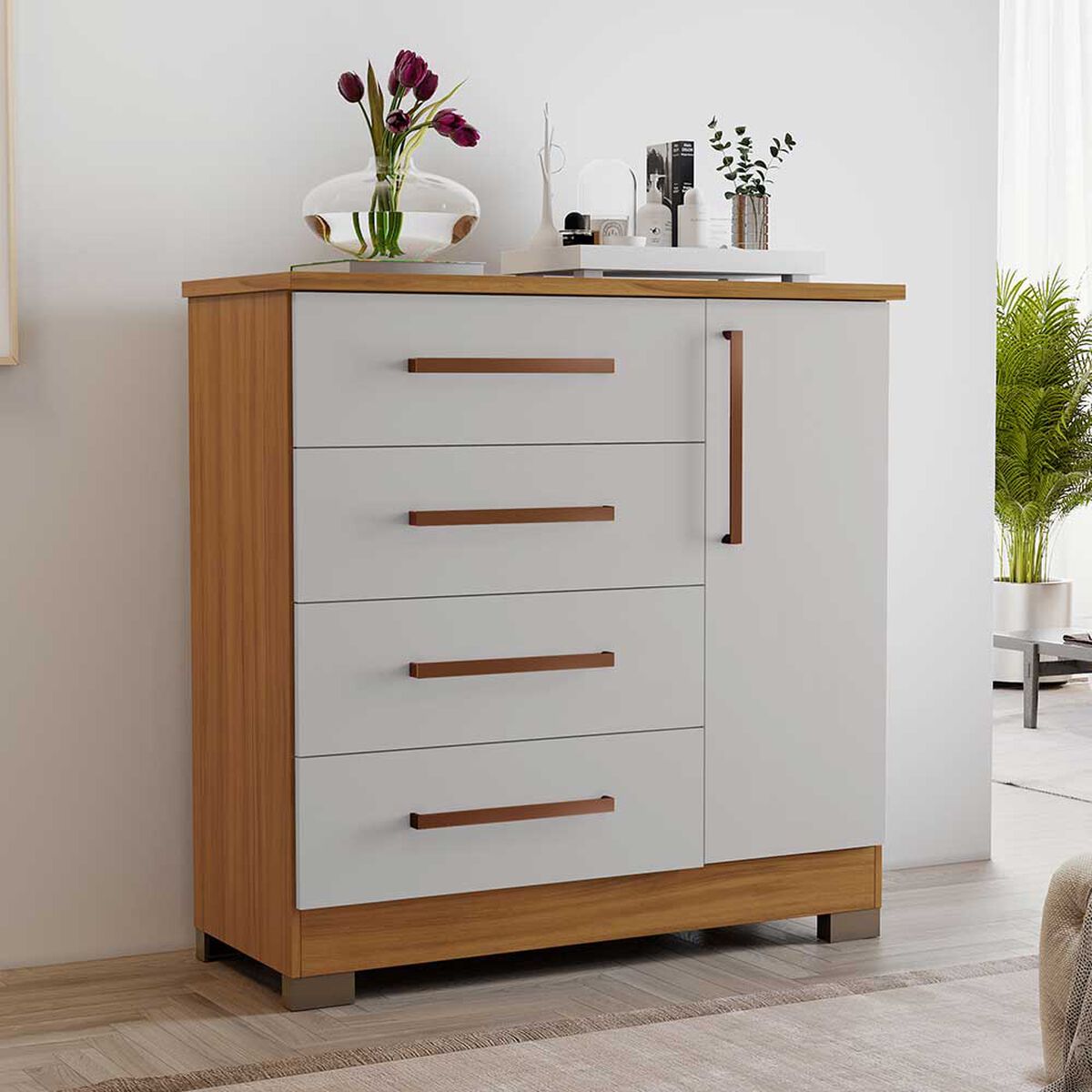 C&oacute;moda Home Mobili Kira 4 Cajones 1 Puerta Blanco Off Caf&eacute;
