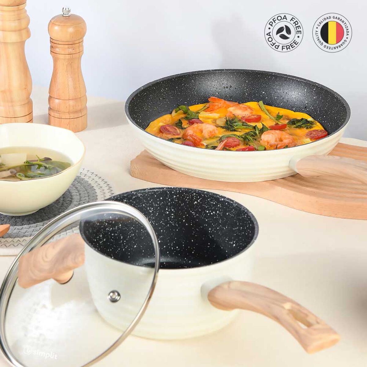 Batería de Cocina Aluminio Forjado Simplit Savannah 9 Piezas Crema