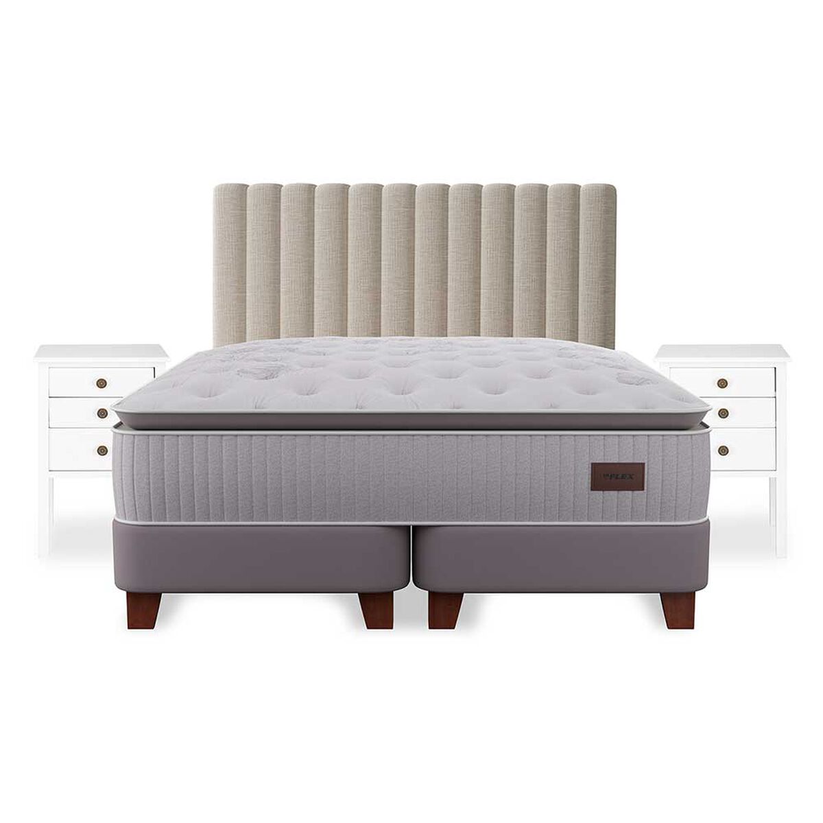 Cama Europea Flex 2 plazas  Heritage + Respaldo Tubular + Veladores Roma