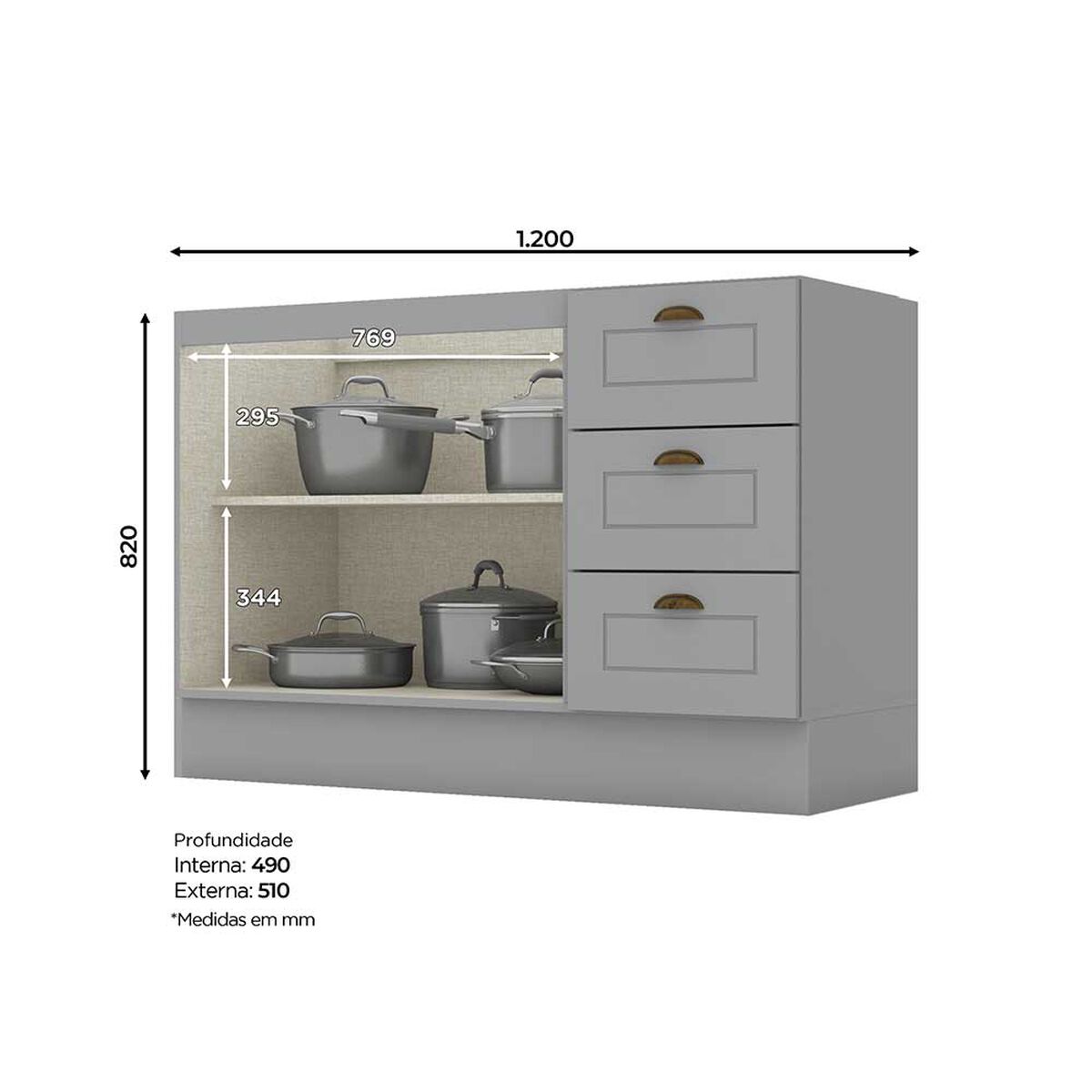 Mueble de Cocina Home Mobili Americana 3 Cajones 2 Puertas Gris