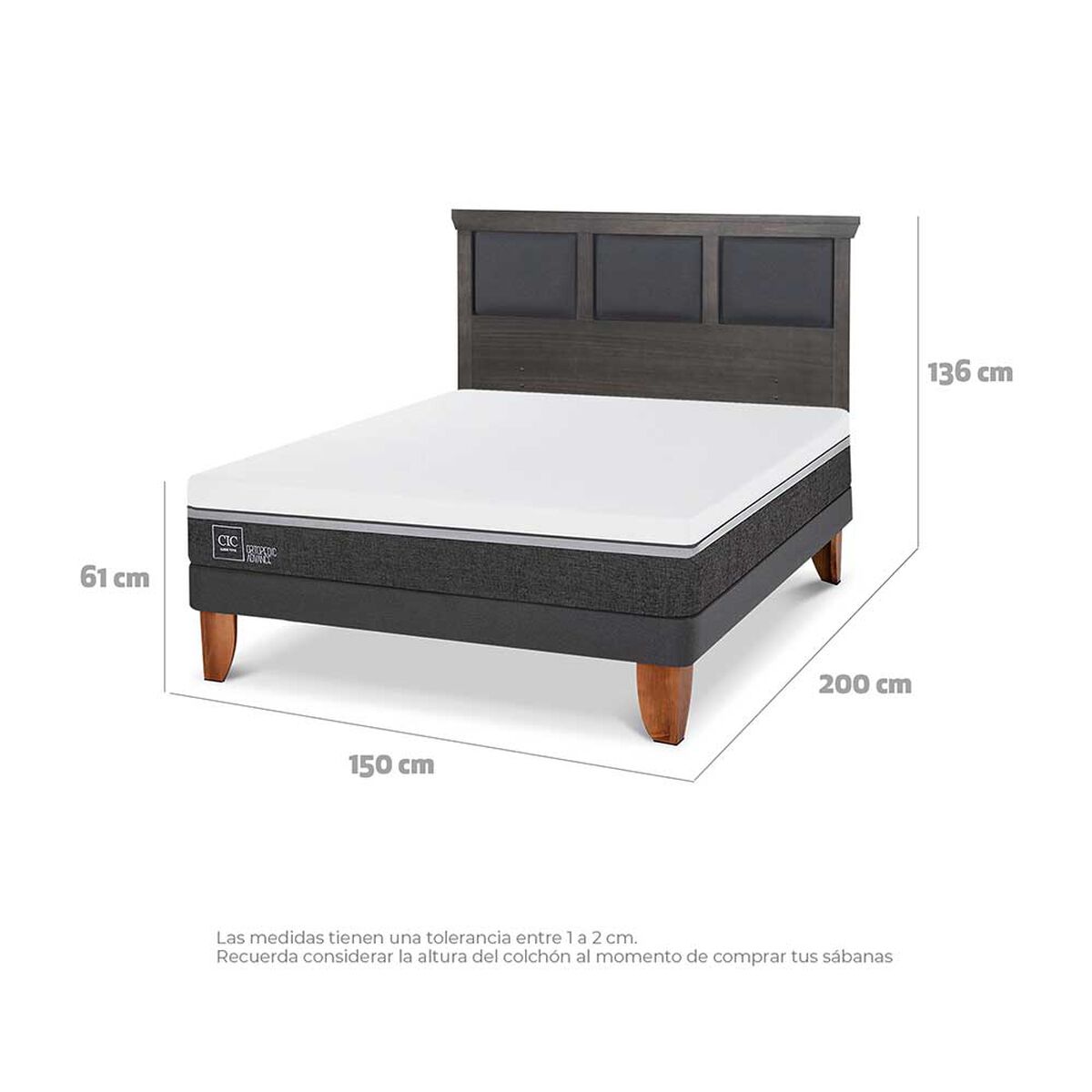 Cama Europea CIC 2 Plazas Ortopedic Advance + Respaldo Torino