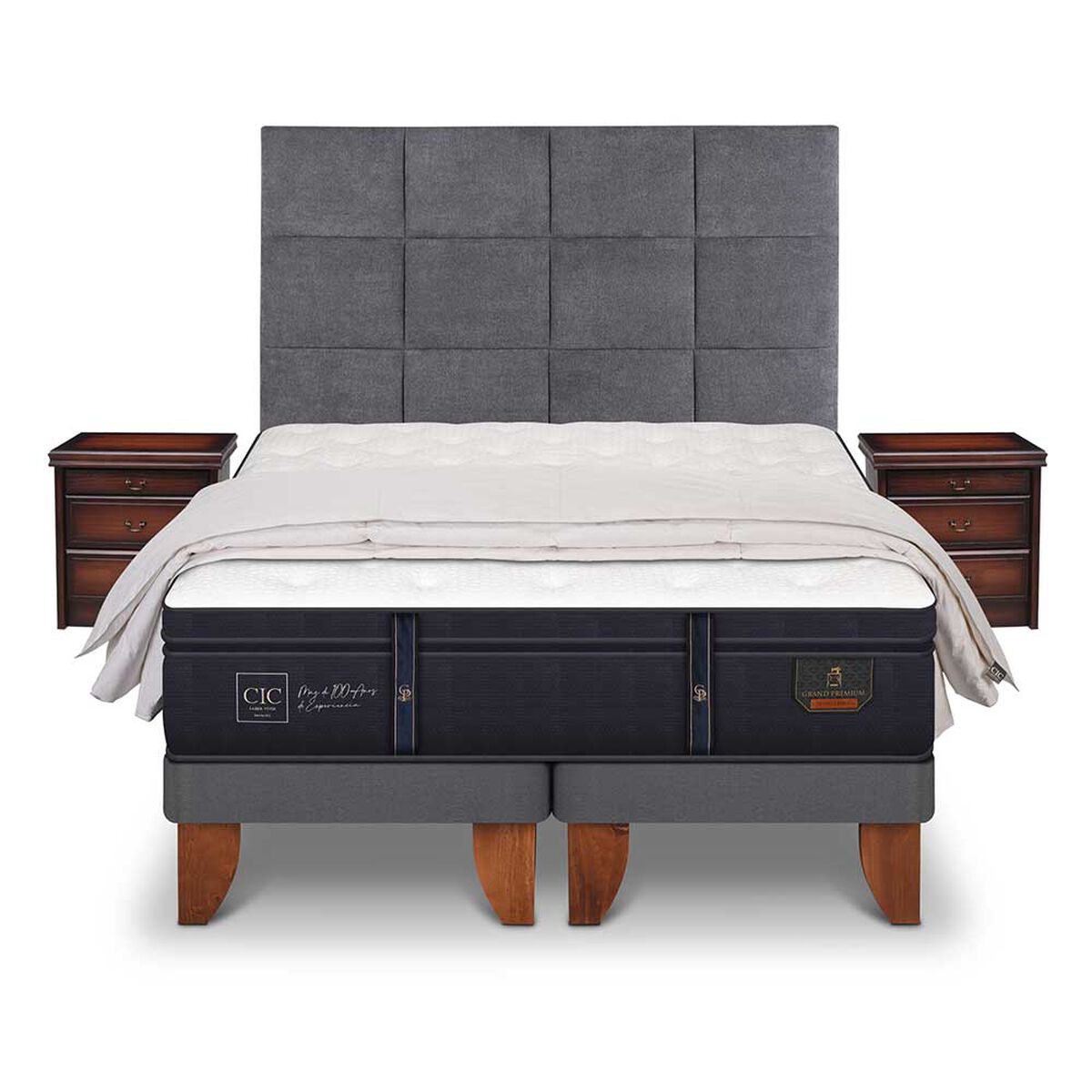 Cama Europea CIC Base Dividida S&uacute;per King Grand Premium + Respaldo + Veladores + Plum&oacute;n Ganso