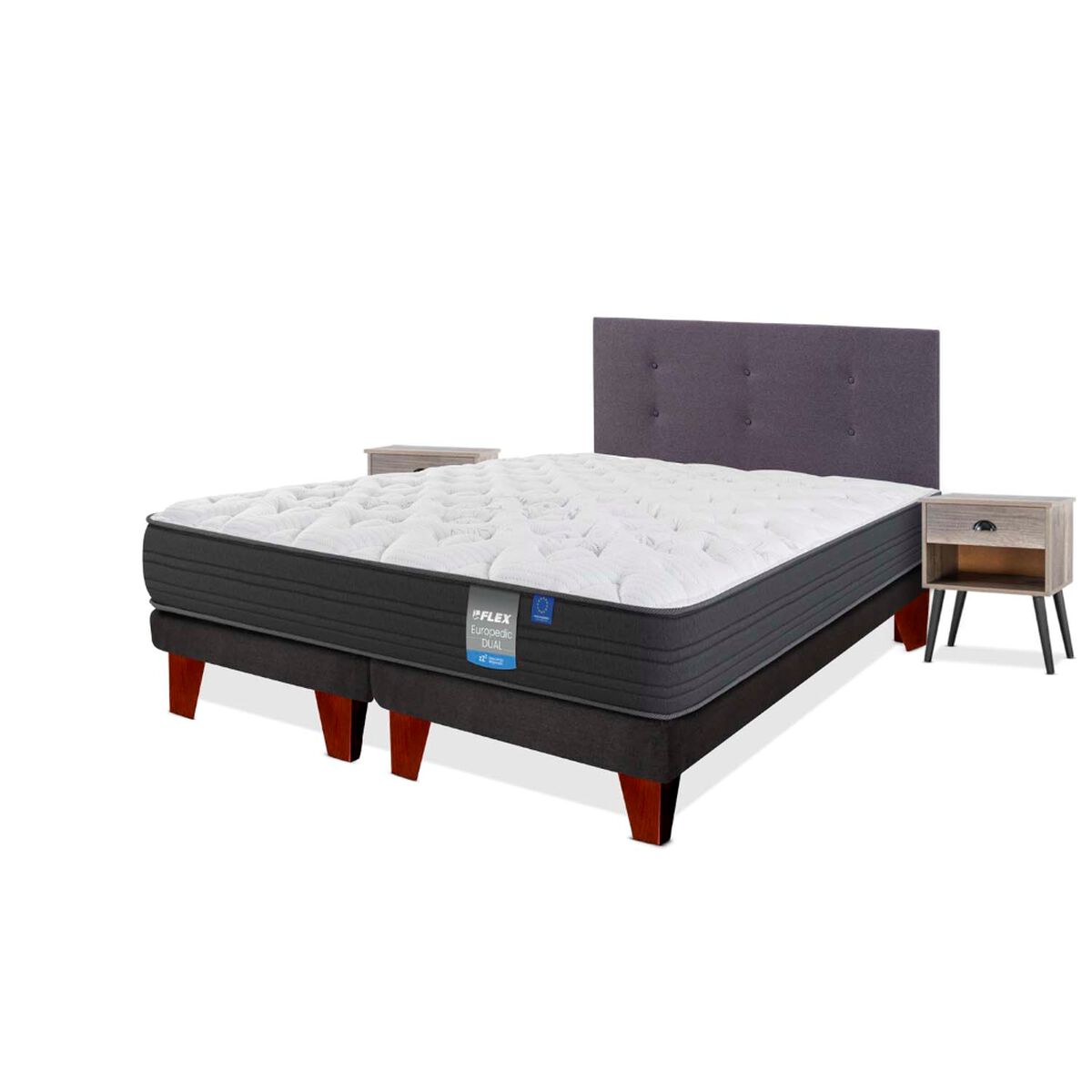 Cama Europea Europedic Dual 2 Plazas Box B/D + Respaldo Royal Grafito + Velador Rock