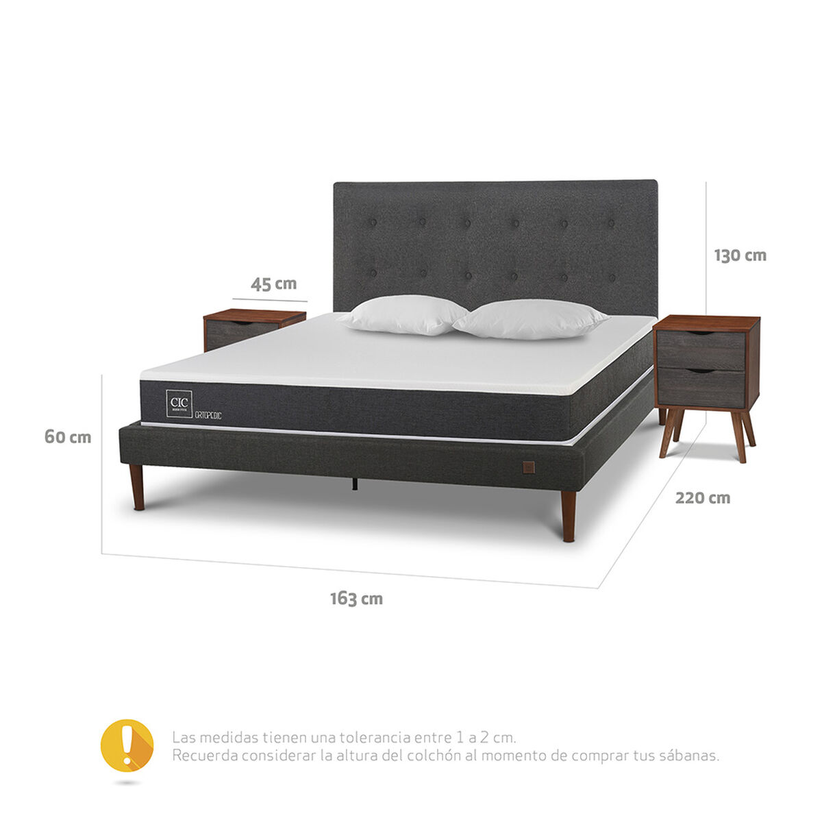 Cama Europea CIC 2 Plazas New Ortopedic + Respaldo Eufrates + 2 Veladores + Almohadas + Plumón