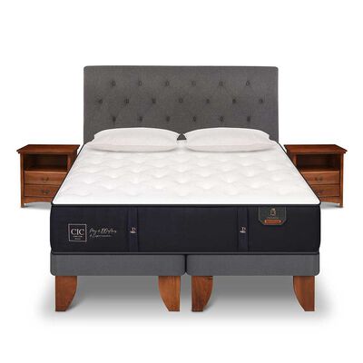 Cama Europea CIC Base Dividida 2 Plazas Premium + Respaldo + 2 Veladores Kaveri + 2 Almohadas Ganso