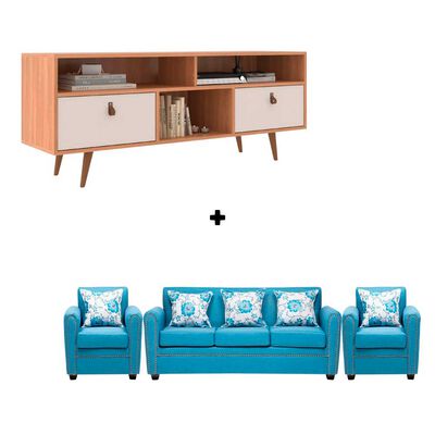 Rack Almore Alemania Freijo Off White y Azul Hasta 55" + Juego de Living 3-1-1