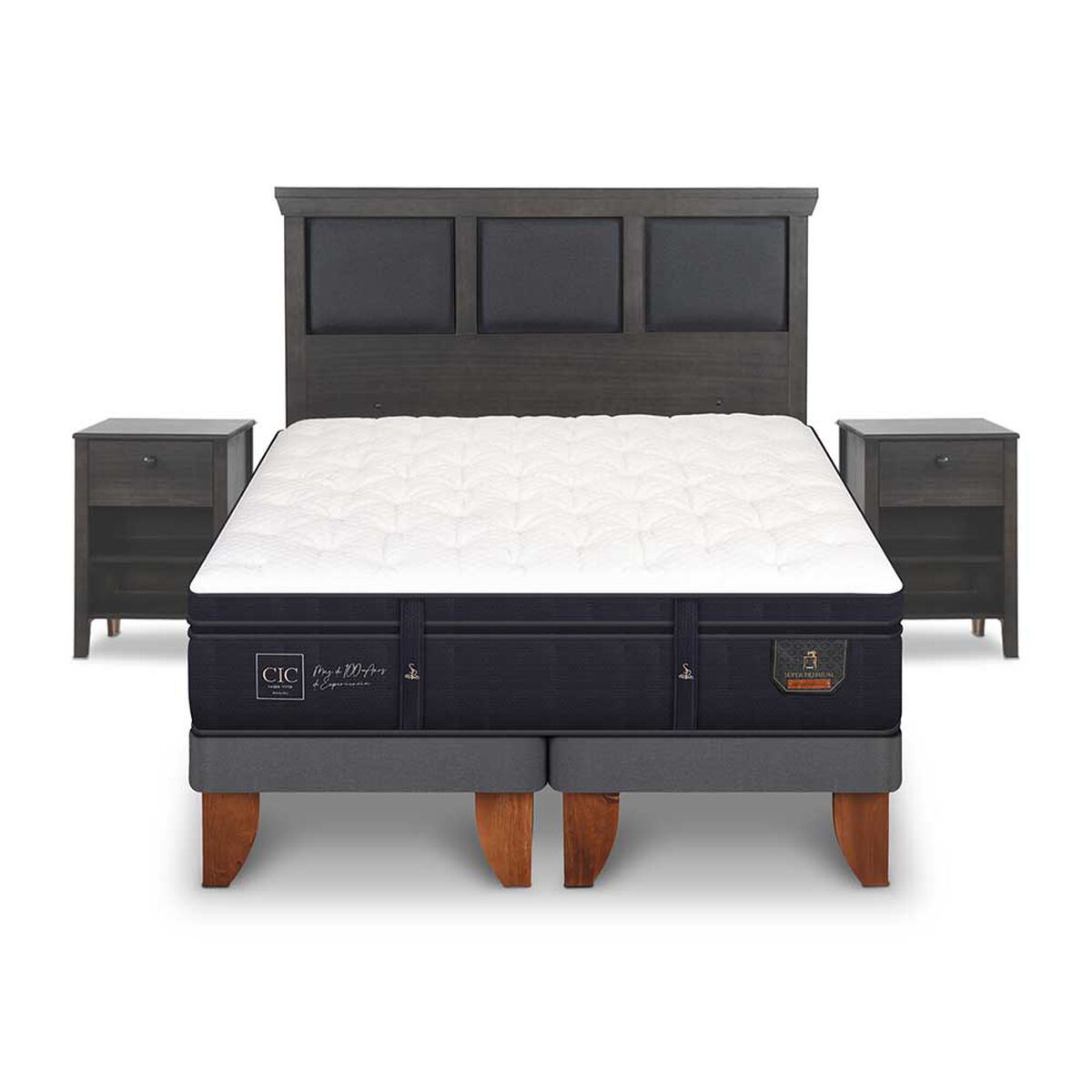 Cama Europea CIC Base Dividida King Súper Premium + Respaldo + 2 Veladores Torino