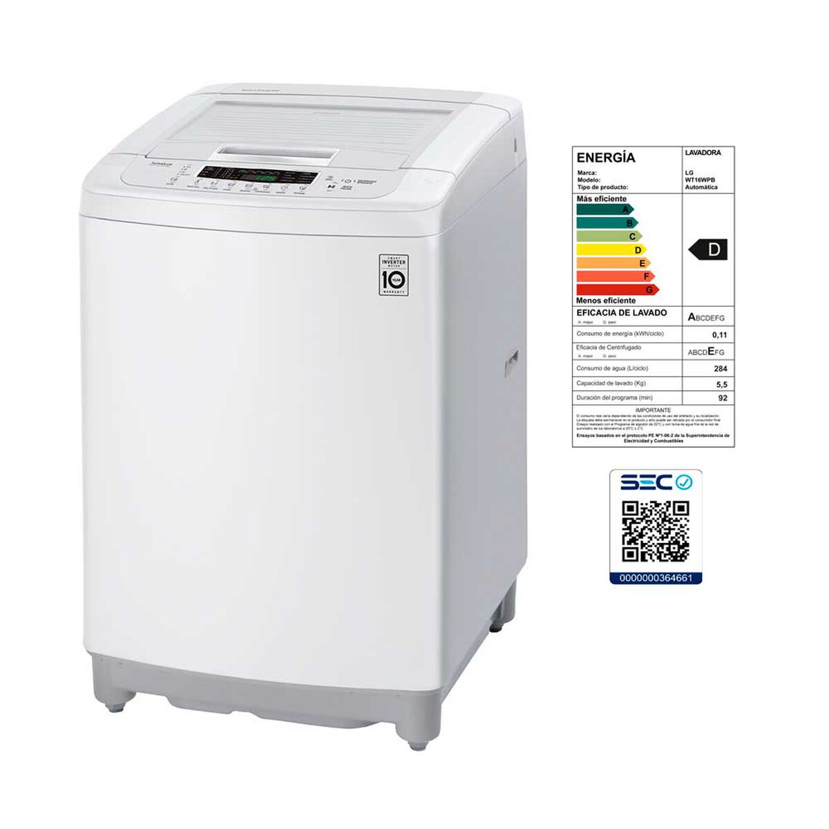 Lavadora Automática LG WT16WPB 16 kg.