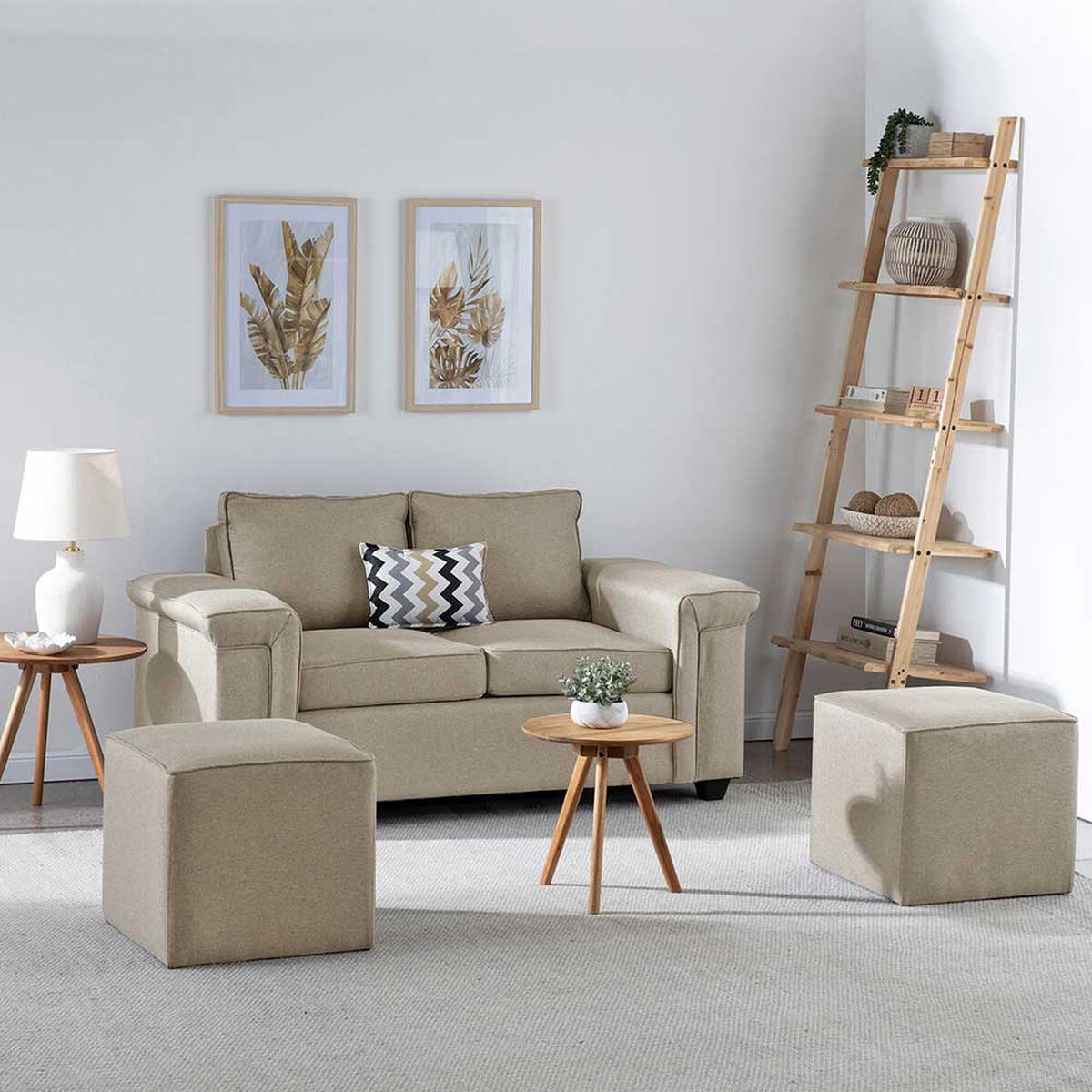 Sofá Mons Sicilia 2 Cuerpos + Dos Pouf 1 Cuerpo Beige