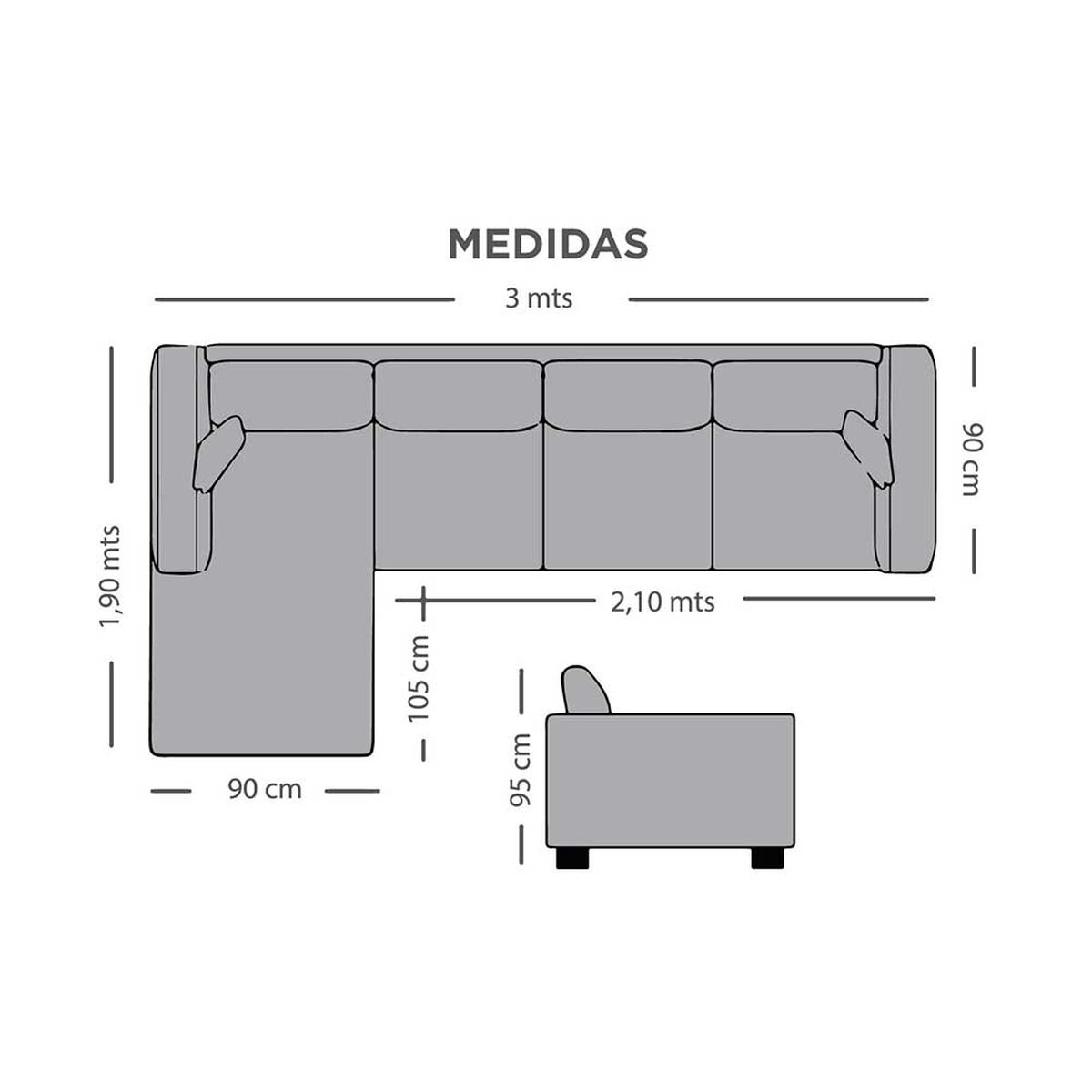 Sofá Seccional Izquierdo Living Factory Capri 5 Cuerpos Gris