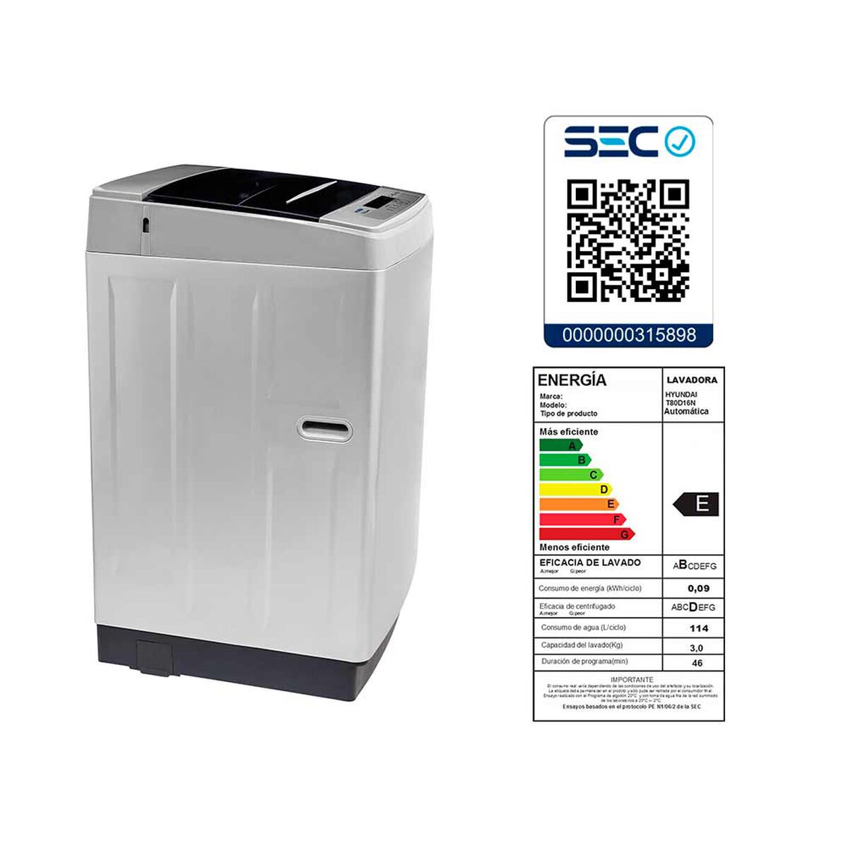 Lavadora Automática Hyundai T80D16N 8 kg
