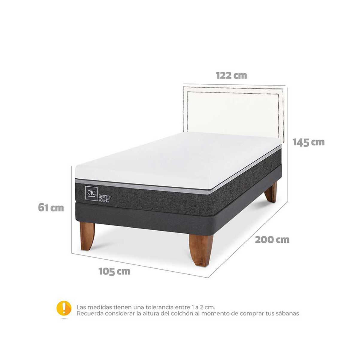 Cama Europea CIC 1,5 Plazas Ortopedic Advance + Respaldo Danubio