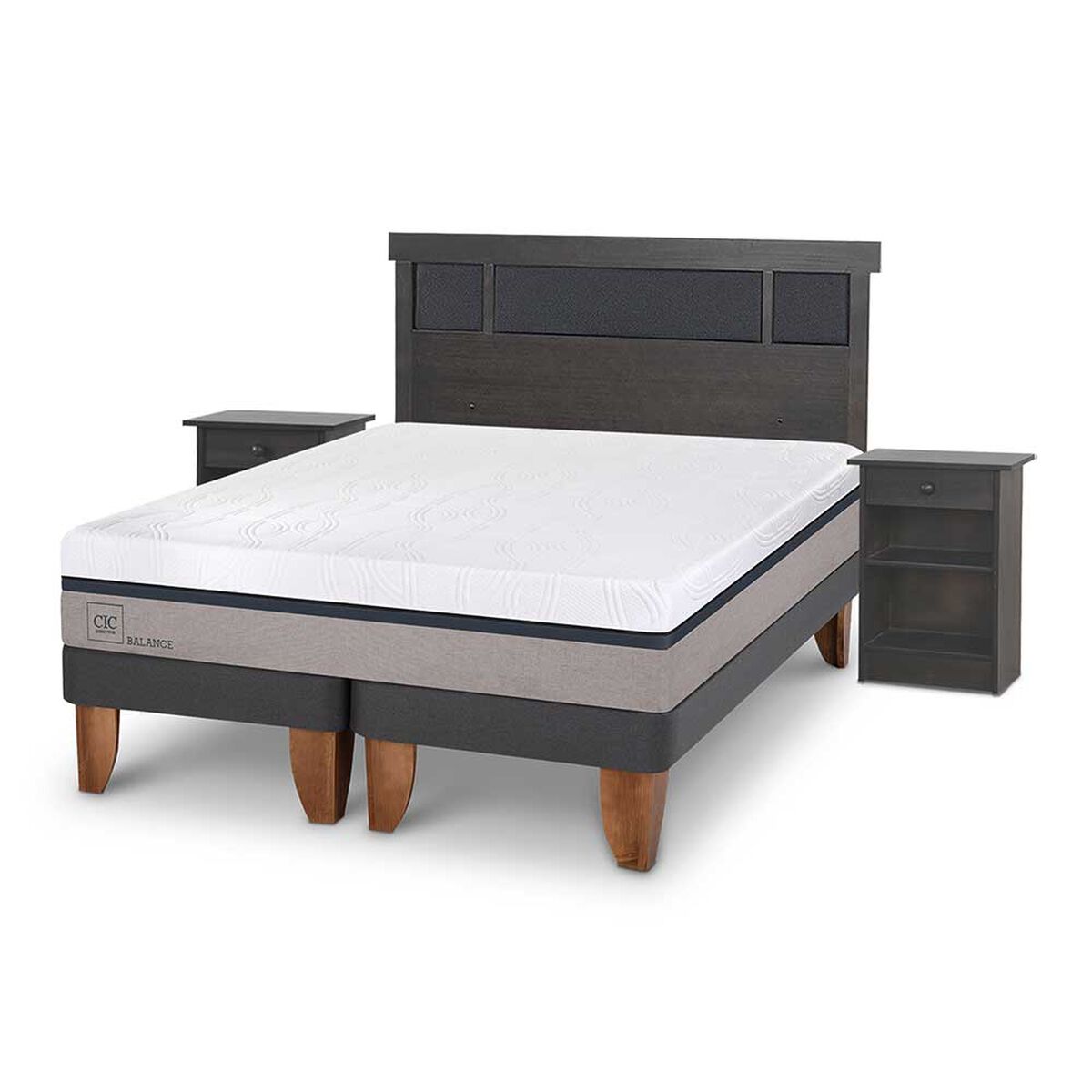 Cama Europea CIC Base Dividida 2 Plazas Balance + Respaldo + 2 Veladores Dublin