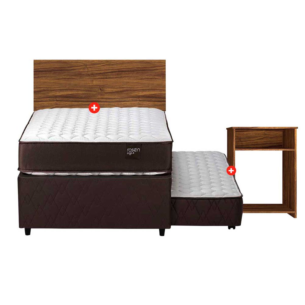Cama Nido Rosen 1,5 Plazas Ergo T + Respaldo 1,5 Plazas + Velador Casanova Nogal