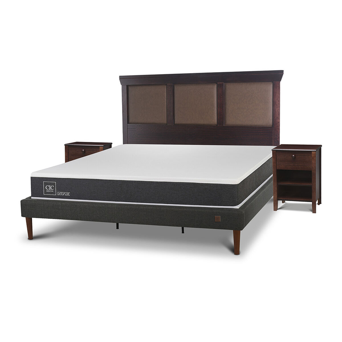 Cama Europea CIC King New Ortopedic + Respaldo New Torino Chocolate + 2 Veladores