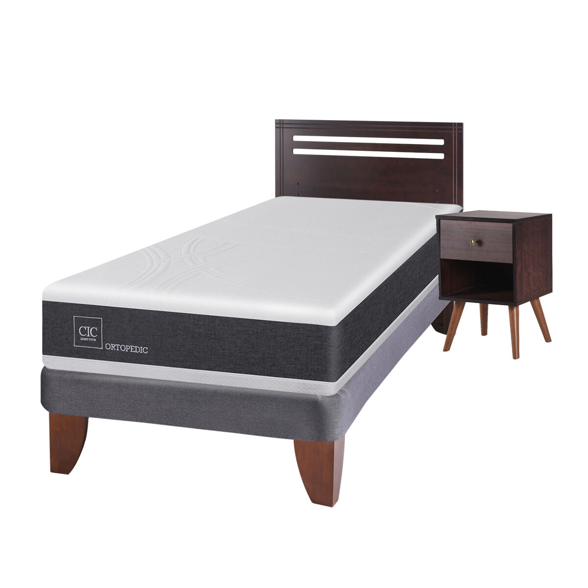 Cama Europea CIC 1,5 Plazas Ortopedic + Respaldo + Velador New Munich