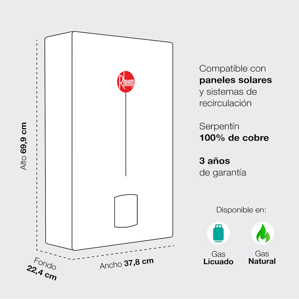 Calefont Gas Natural Rheem Tiro Natural Ionizado 13 lts.