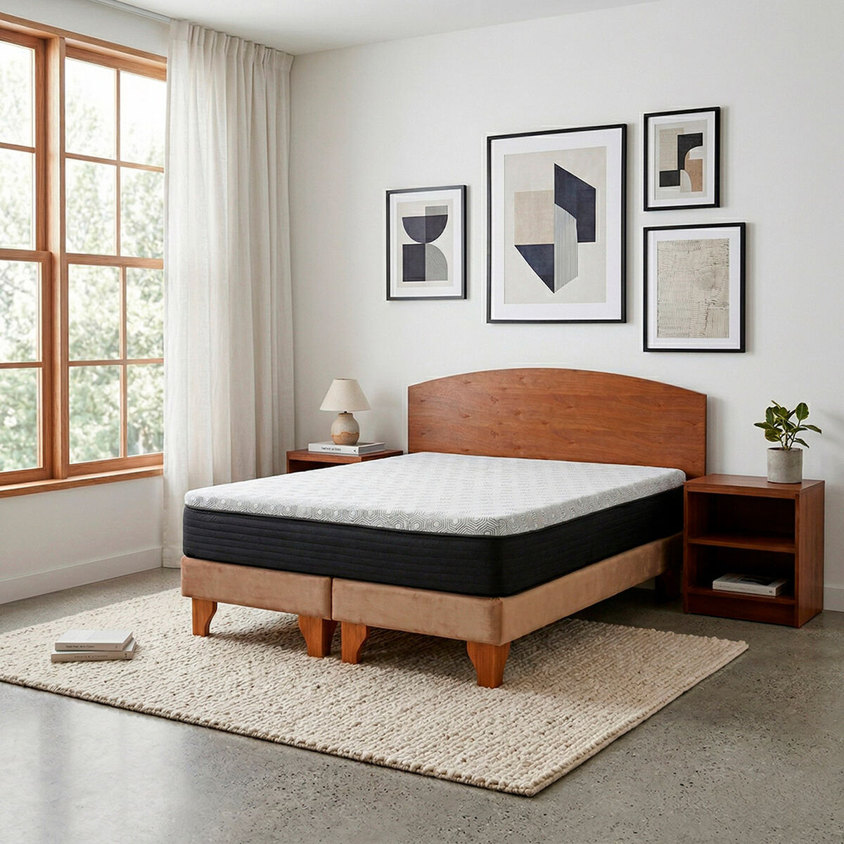Cama Europea Latam Home 2 Plazas New Top Tela Velvet Beige + Maderas Atlas
