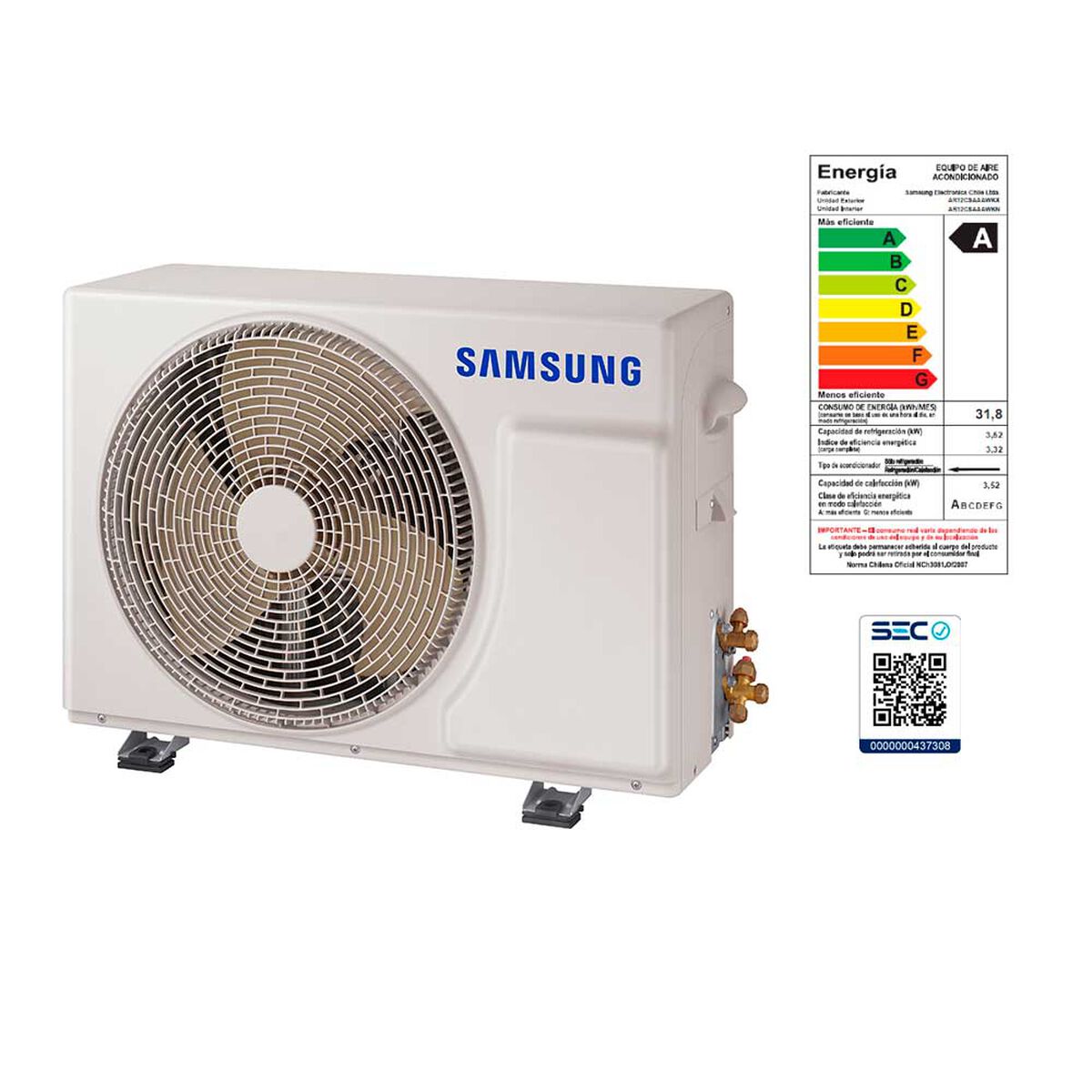 Aire Acondicionado Samsung AR12CSAAAWK/ZS Wind-Free Inverter 12000 BTU Frío-Calor WiFi
