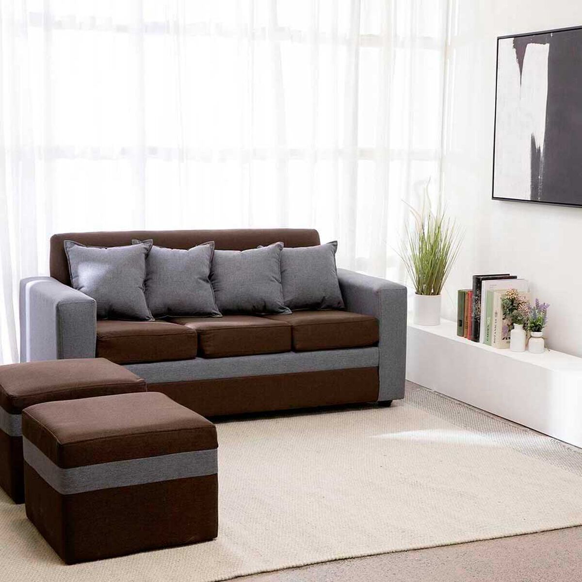 Juego de Living Almore Paris Sof&aacute; 3 Cuepos + Dos Pouf 1 Cuerpo Gris Caf&eacute;