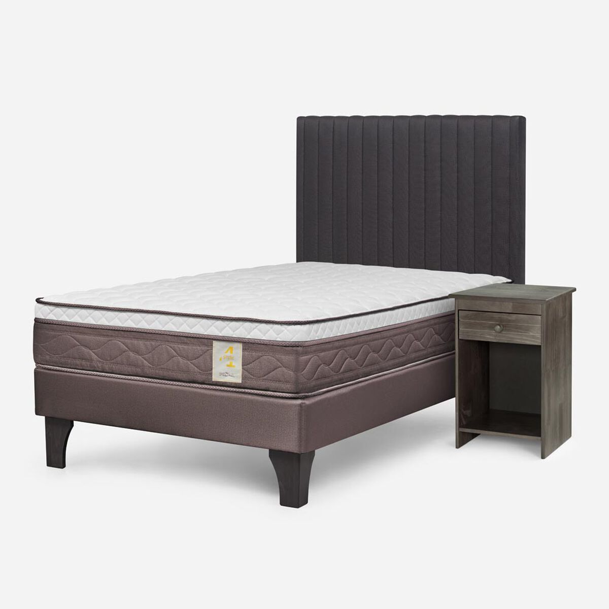Cama Europea Rosen 1 Plaza New Style 4 + Respaldo + Velador Grafito