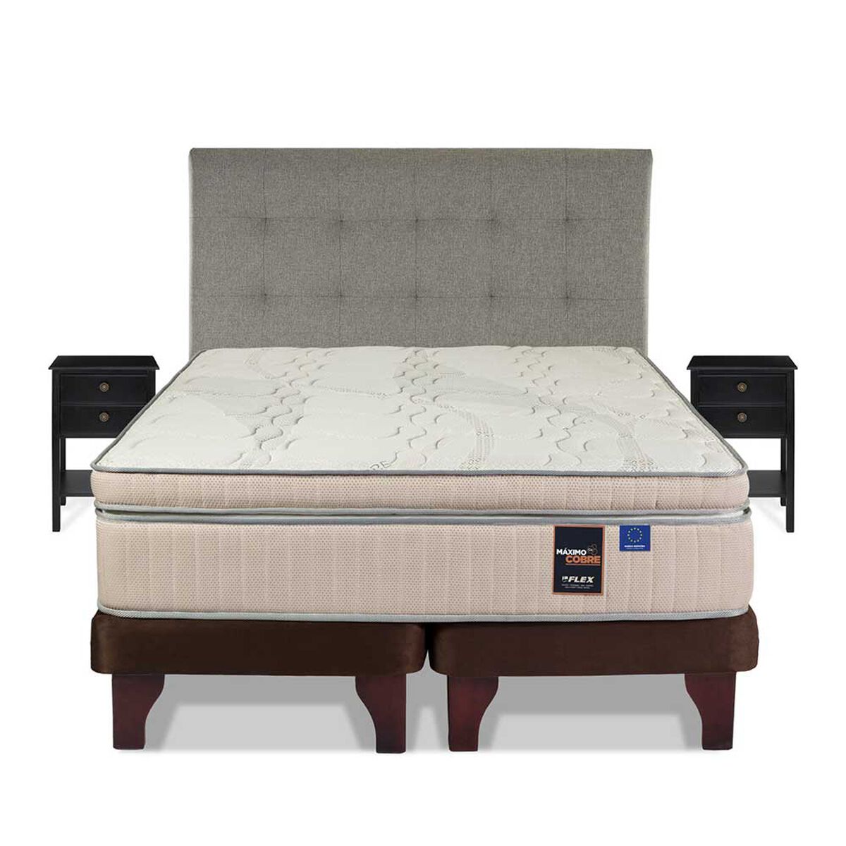 Cama Europea Flex Base Dividida Súper King Máximo Cobre + Respaldo Design Gris + 2 Veladores Rover