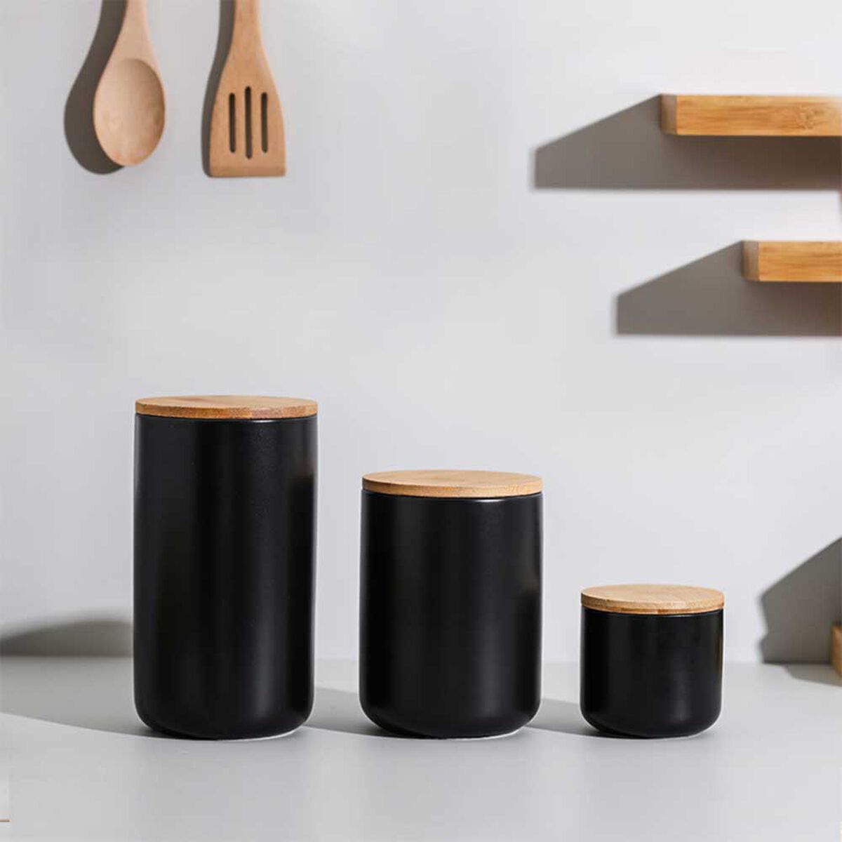 Contenedor de Cerámica Hermético Tapa Madera Simplit M Negro
