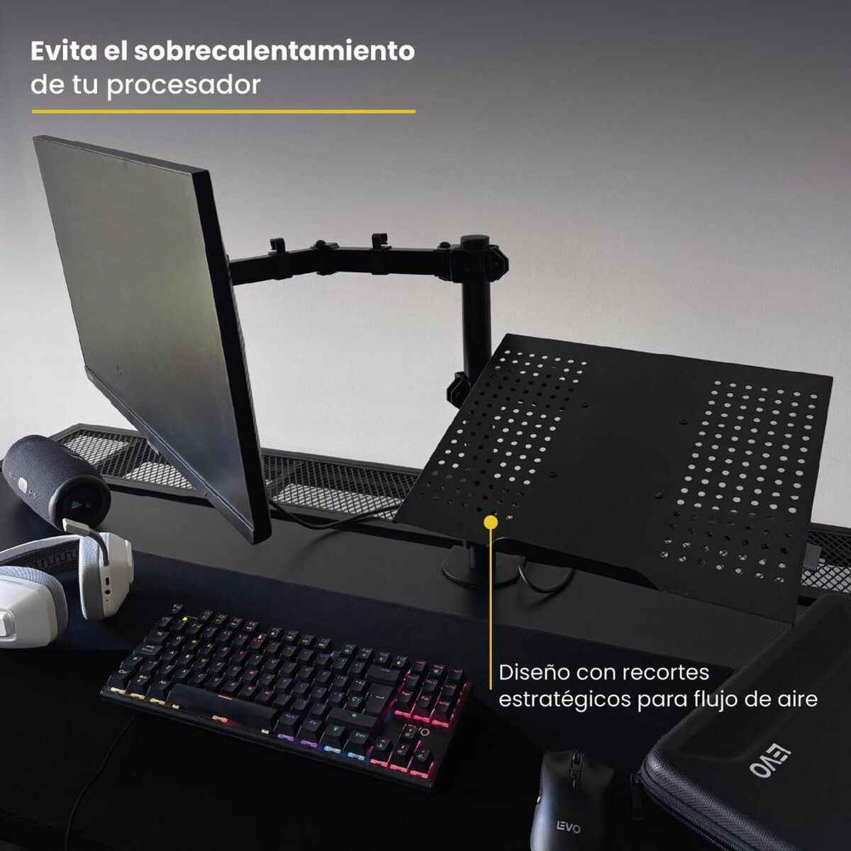 Soporte de Escritorio Levo Brazo Doble Monitor Negro