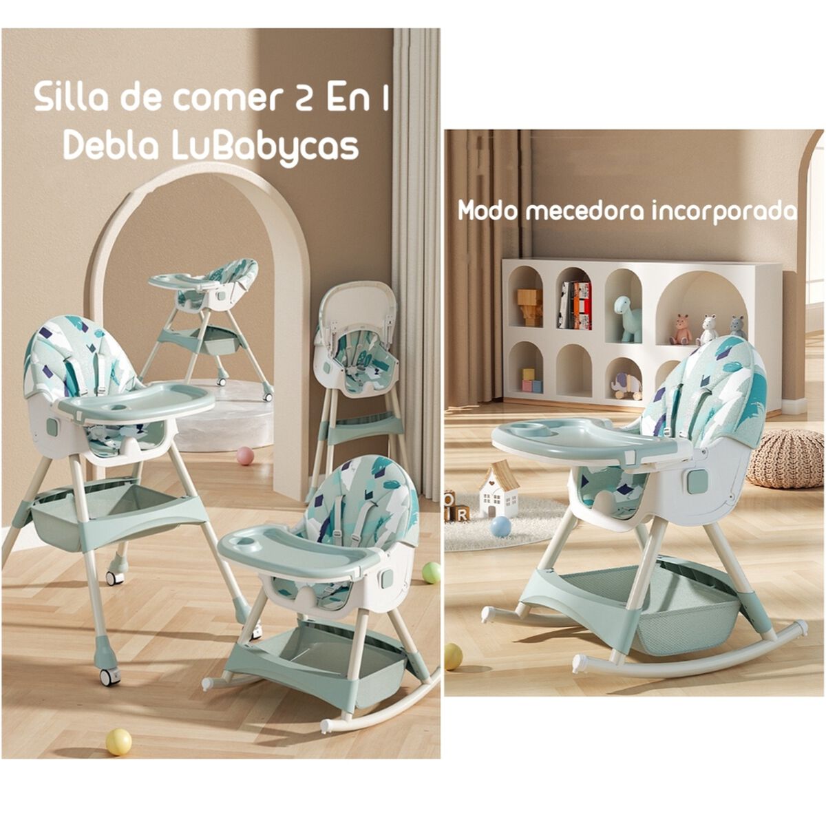 Silla de Comer Mecedora 2 en 1 con Ruedas Verde Lubabycas