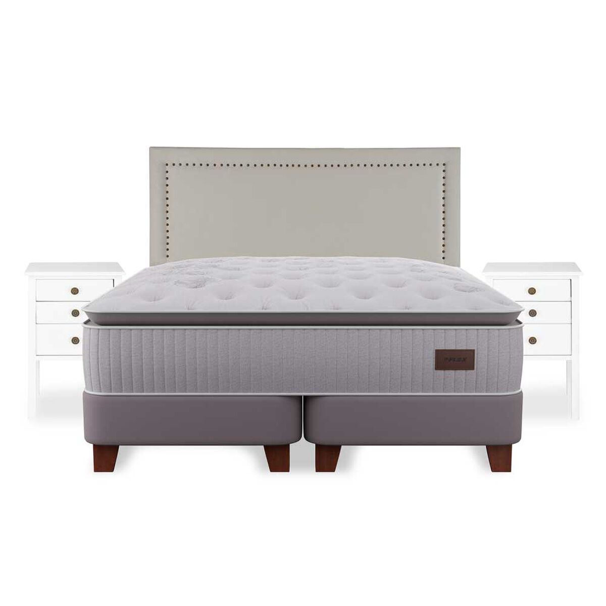Cama Europea Flex S&uacute;per King Heritage + Respaldo Tachas + Veladores Roma