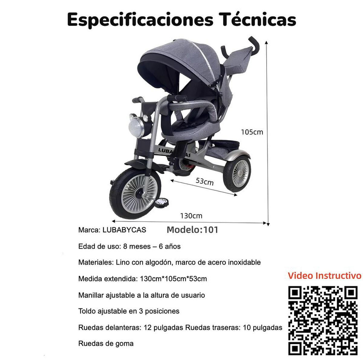 Triciclo Multifuncional 360° con Luces Lubabycas Gris