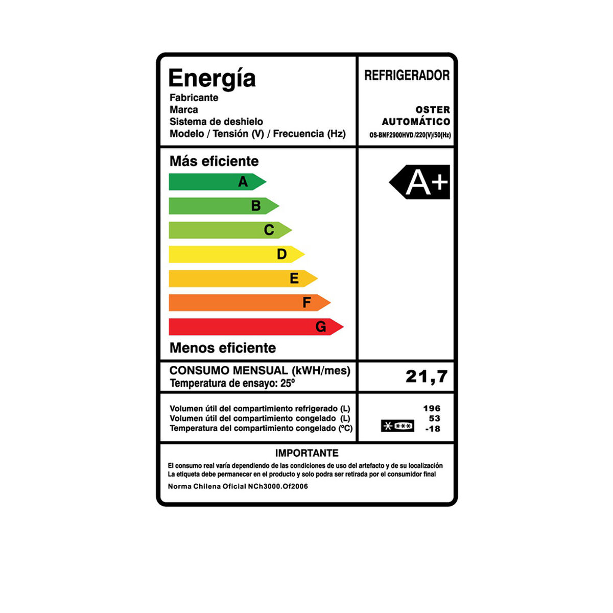 Refrigerador No Frost Oster OS BNF2900HVD 251 lt