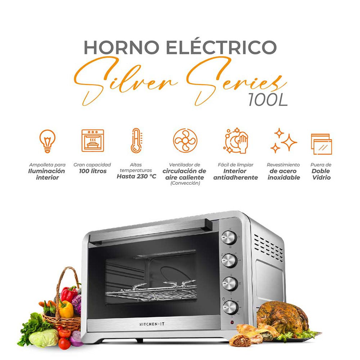 Horno El&eacute;ctrico Kitchen-It Silver Series 100 lts.