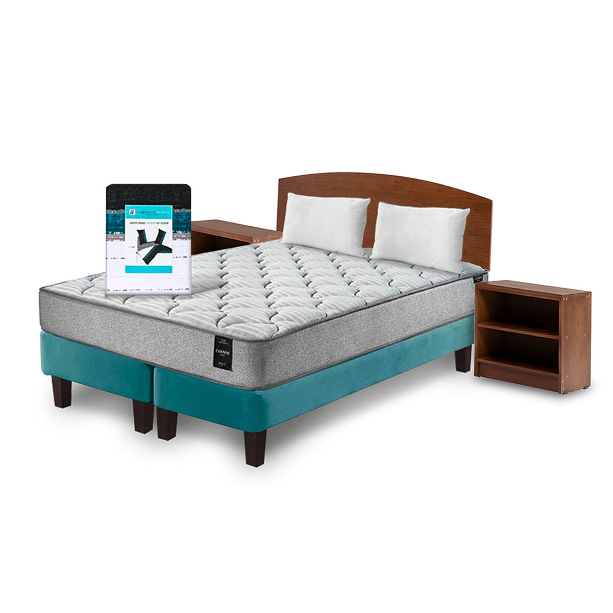 Combo Cama Europea Latam Home 2 Plazas Cannon BD Tela Turquesa + Textil + Respaldo + 2 Veladores Atlas