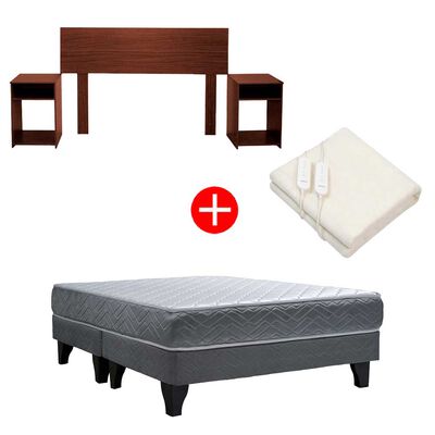 Combo Cama Europea Celta Base Dividida 2 Plazas Cadiz + Respaldo + 2 Veladores Casanova 2 Plazas Nogal + Calientacamas Kioto CY2 2 Plazas
