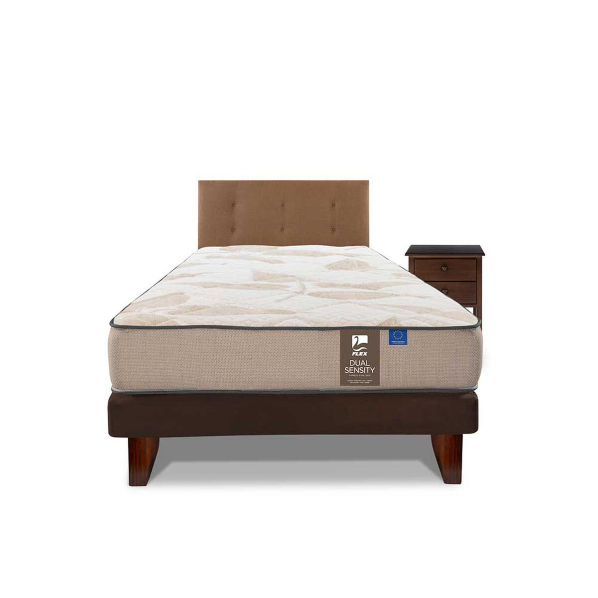 Cama Europea Flex 1,5 Plazas Dual Sensity + Respaldo Royal Café + Velador Rover