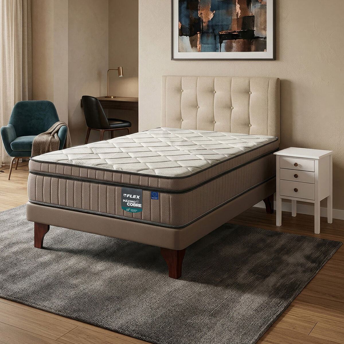 Cama Europea Arena M&aacute;ximo Cobre 1.5 Plazas + Respaldo Almendra + Velador Roma