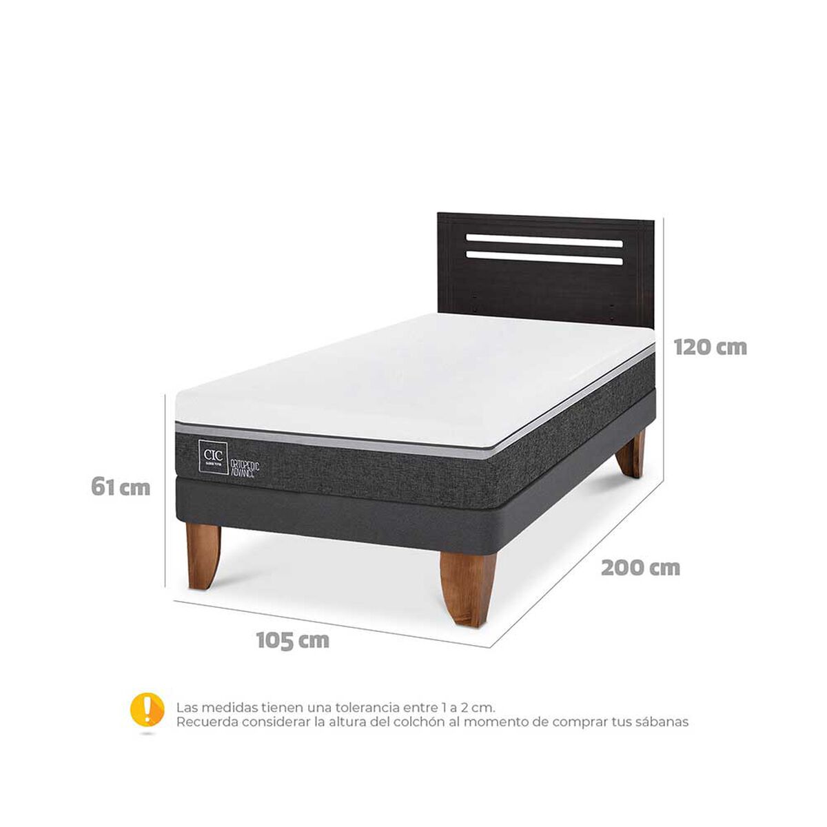 Cama Europea CIC 1,5 Plazas Ortopedic Advance + Respaldo Munich Negro