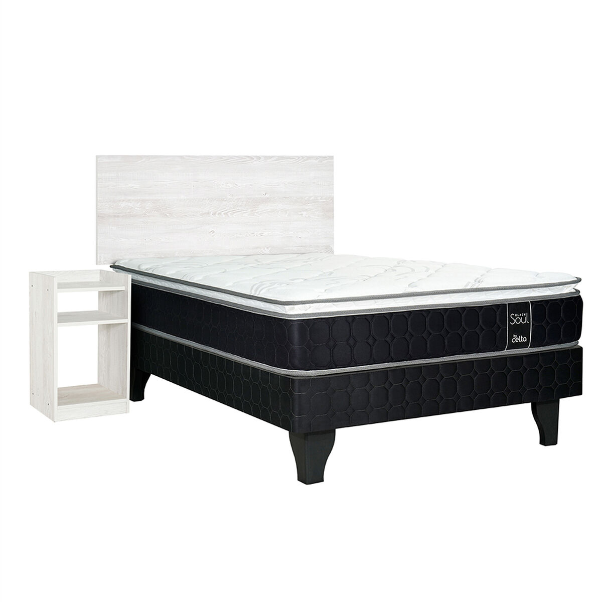 Cama Europea Celta 1,5 Plazas Black Soul + Respaldo + Velador Alba White