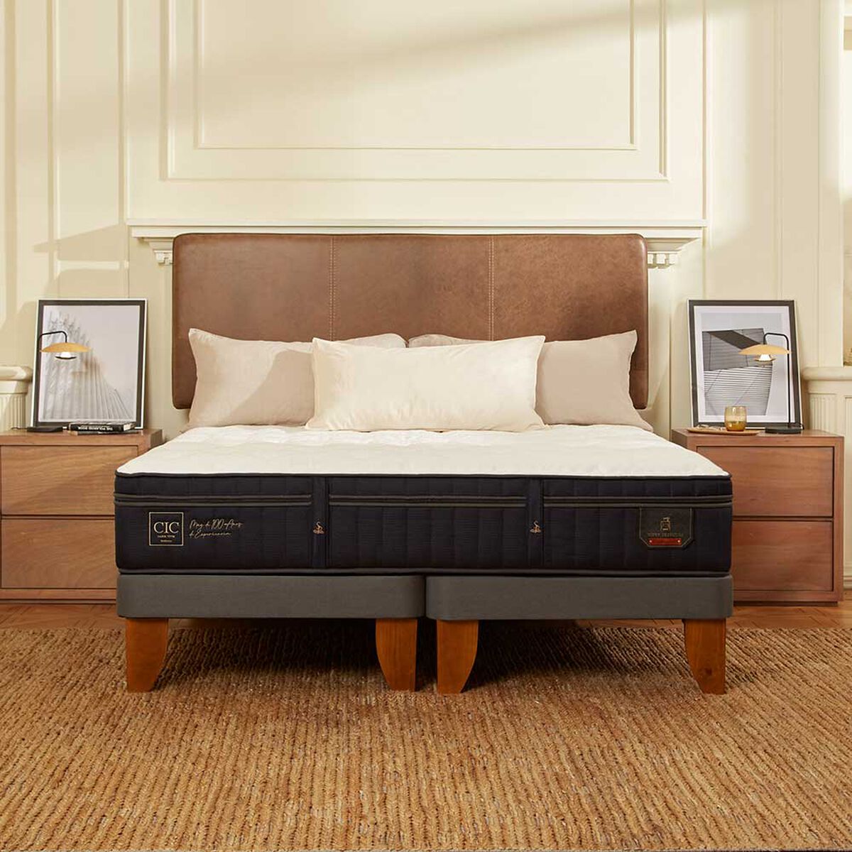 Cama Europea CIC Base Normal King S&uacute;per Premium + Respaldo + 2 Veladores Dublin