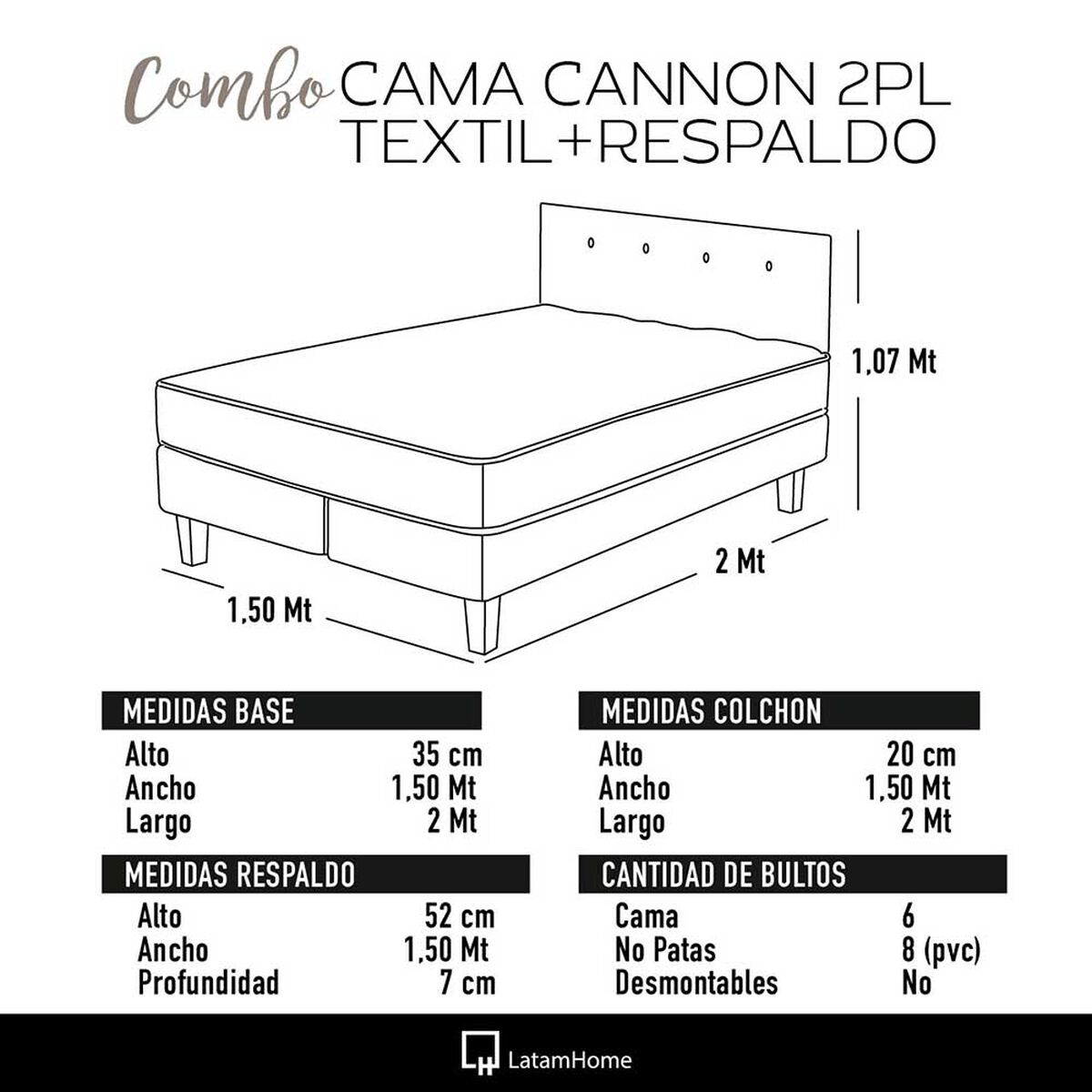 Cama Europea Latam Home Base Dividida 2 Plazas Cannon  + 2 Almohadas + Sábanas + Respaldo Tela Gris