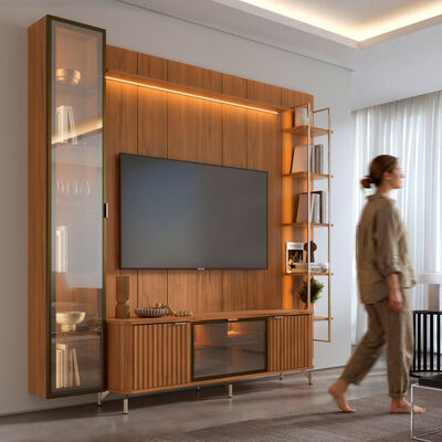 Rack TV 70" + Panel Neon Float Led + Vitrina + Repisas Decocasa Canela